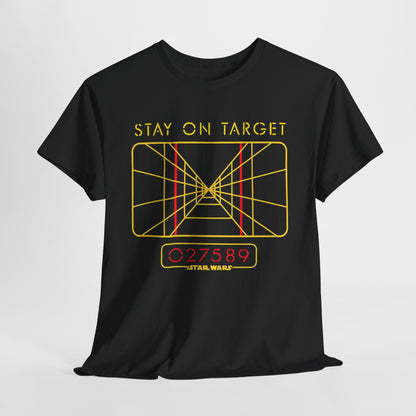Luxurious Stay On Target Star Wars graphic unisex T-shirt featuring a bold yellow targeting reticle design, perfect for fans seeking a playful twist on iconic Star Wars imagery.