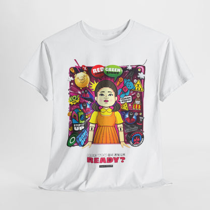 Premium white unisex t-shirt featuring vibrant graphic design inspired by Squid Game, showcasing a character surrounded by game elements and bold text 'ARE YOU READY?', perfect for making a stylish statement.