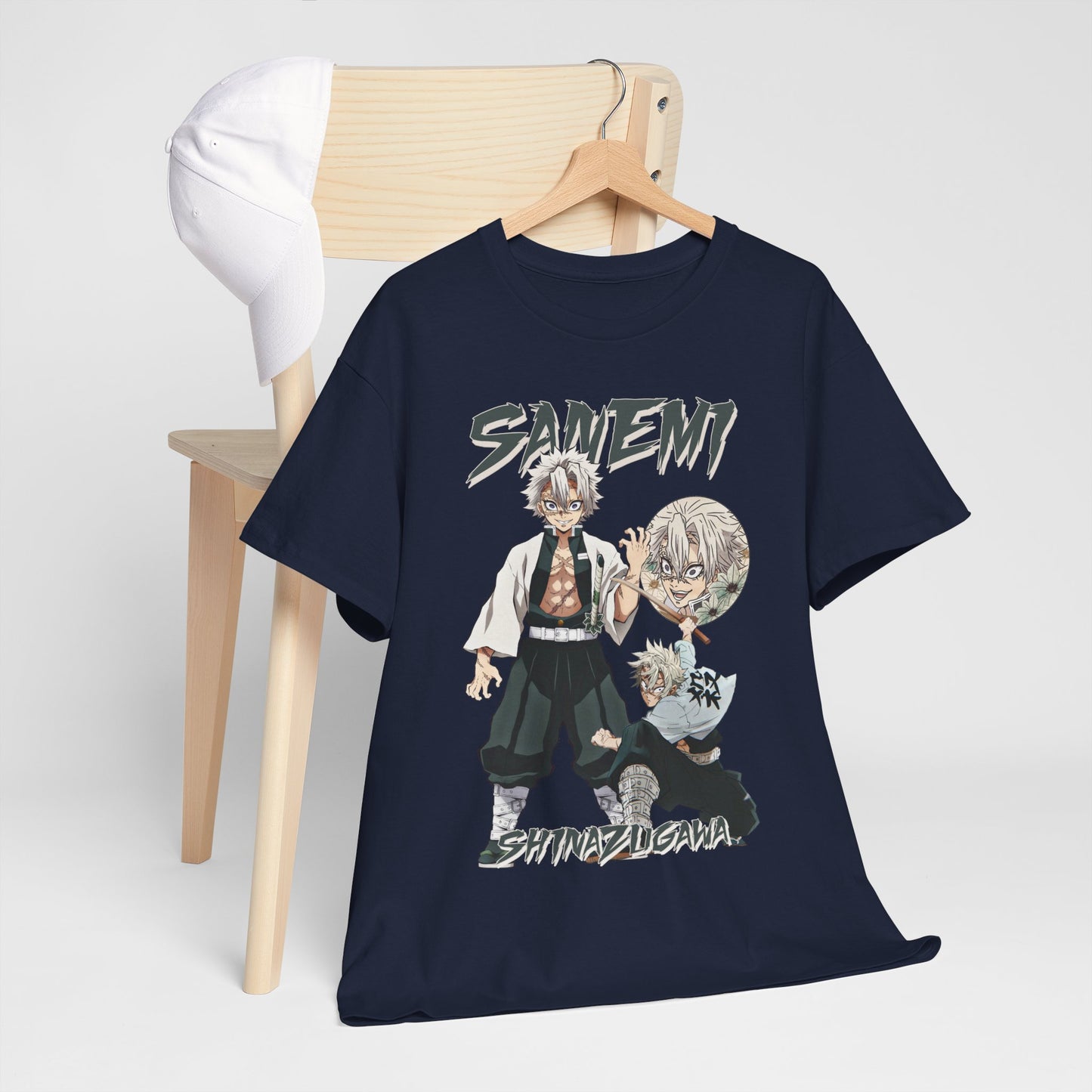 Stylish Sanemi Shinazugawa tee displayed on a wooden chair, showcasing vibrant artwork, ideal for casual wear.