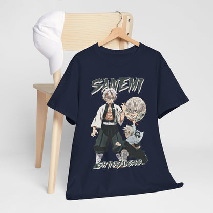 Stylish Sanemi Shinazugawa tee displayed on a wooden chair, showcasing vibrant artwork, ideal for casual wear.
