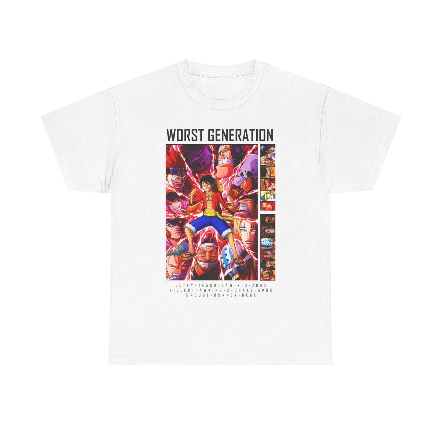 Elegant white men's T-shirt displaying striking 'Worst Generation' anime art, prominently featuring Monkey D. Luffy in a visually captivating ensemble.