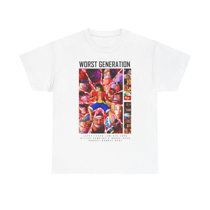 Elegant white men's T-shirt displaying striking 'Worst Generation' anime art, prominently featuring Monkey D. Luffy in a visually captivating ensemble.