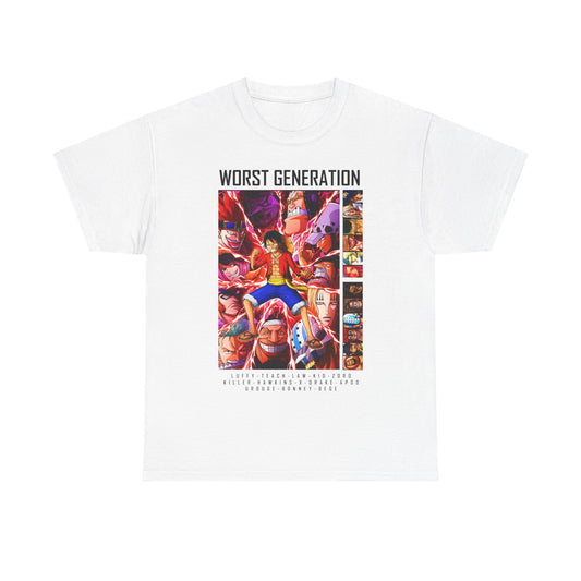 Elegant white men's T-shirt displaying striking 'Worst Generation' anime art, prominently featuring Monkey D. Luffy in a visually captivating ensemble.
