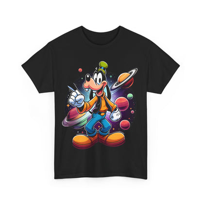Cosmic Goofy Unisex Graphic Tee in black featuring an eye-catching design of Goofy in a cosmic setting, surrounded by colourful planets, exuding playful charm.