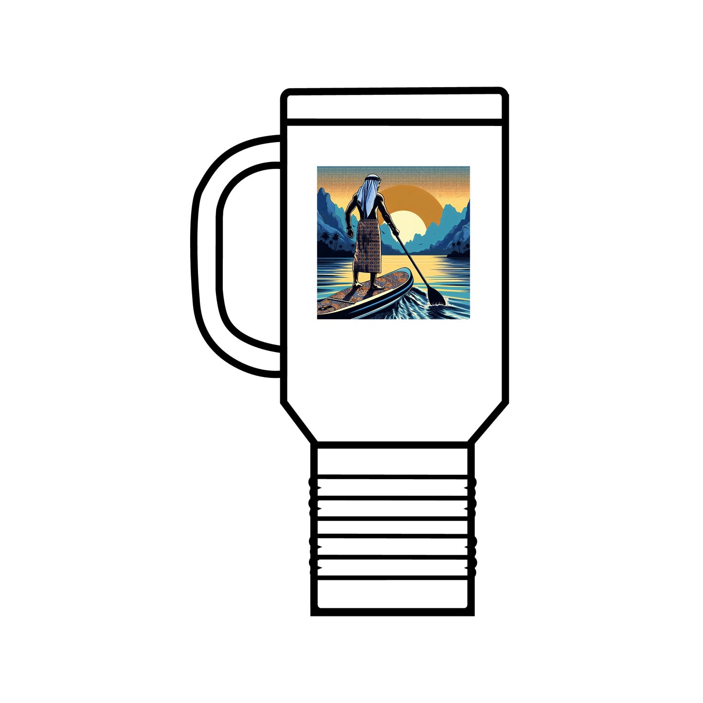 Fantasy Paddleboarding 40oz Insulated Travel Mug highlighting a captivating design of a paddleboarder against a serene sunset backdrop, ideal for stylish travel.