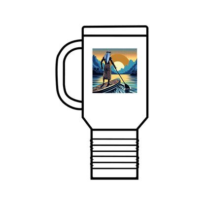 Fantasy Paddleboarding 40oz Insulated Travel Mug highlighting a captivating design of a paddleboarder against a serene sunset backdrop, ideal for stylish travel.