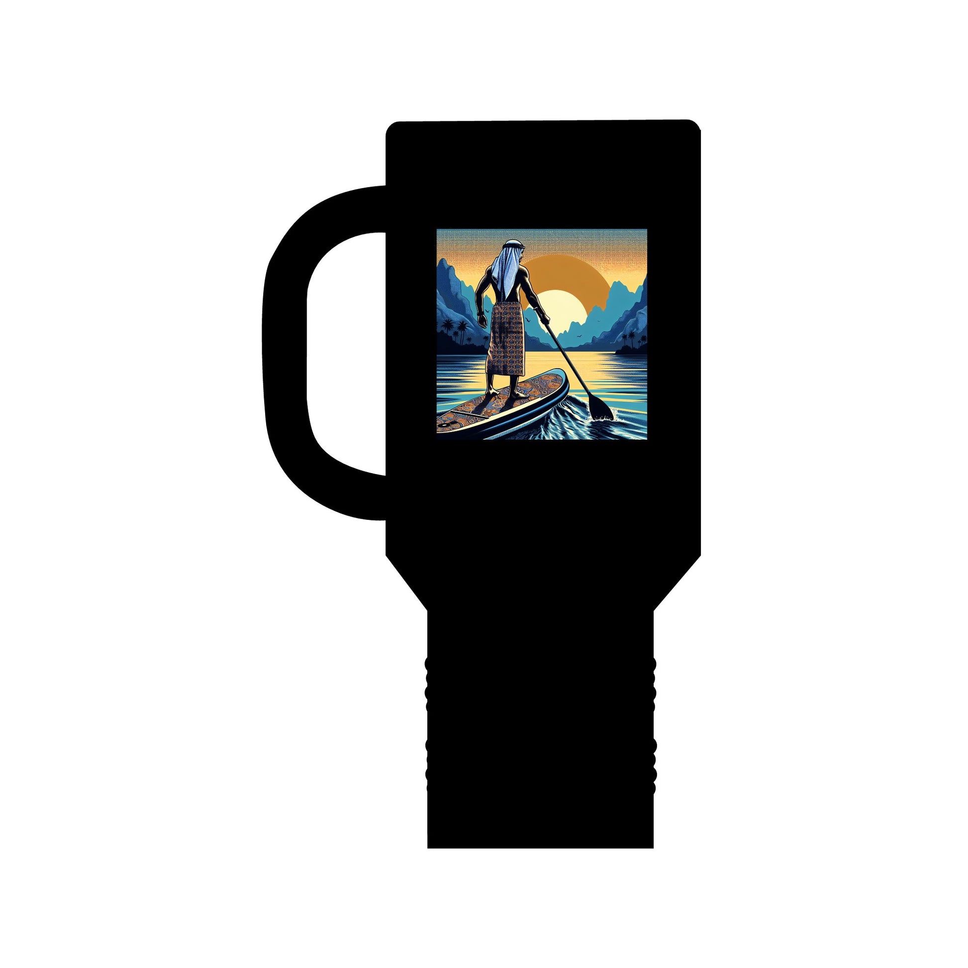 Fantasy Paddleboarding 40oz Insulated Travel Mug in sleek black, featuring a stunning graphic of a paddler on serene waters against a sunset backdrop, perfect for stylish outdoor adventures.