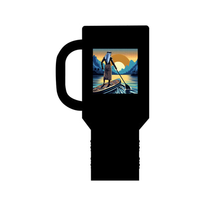 Fantasy Paddleboarding 40oz Insulated Travel Mug in sleek black, featuring a stunning graphic of a paddler on serene waters against a sunset backdrop, perfect for stylish outdoor adventures.