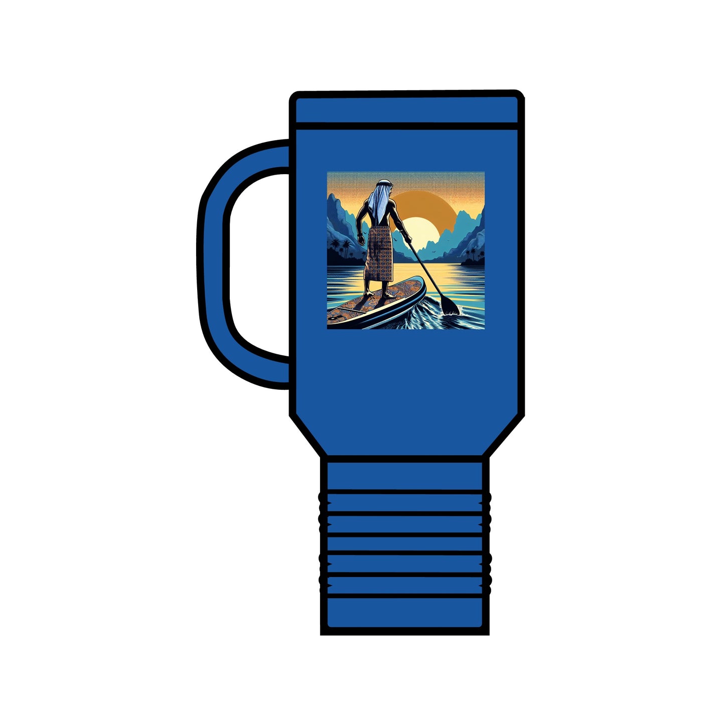 Fantasy Paddleboarding 40oz Insulated Travel Mug in elegant blue, showcasing a beautifully illustrated scene of paddleboarding against a picturesque sunset, perfect for adventure enthusiasts.