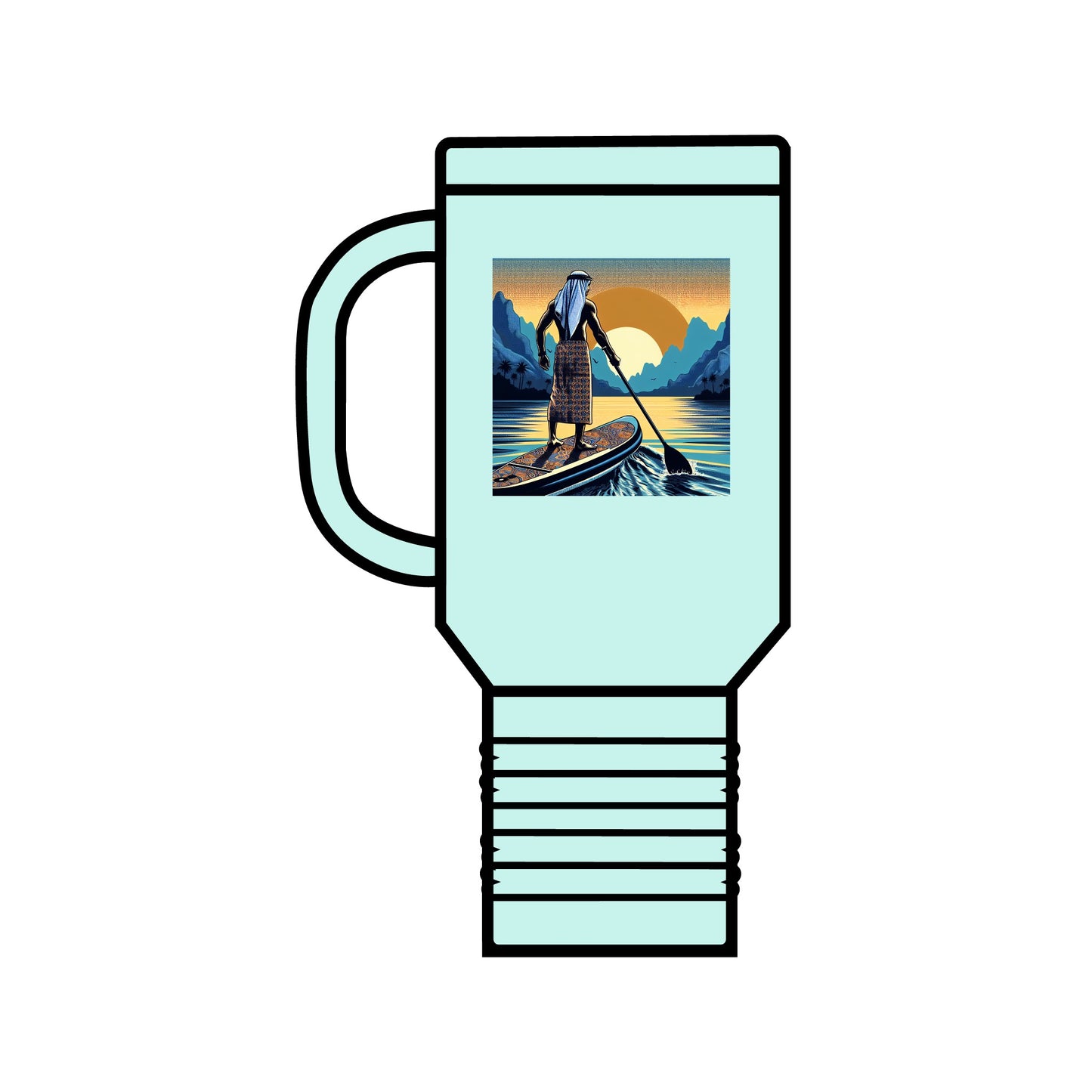 Fantasy Paddleboarding 40oz Insulated Travel Mug in refreshing aqua, featuring an exquisite graphic of a serene paddler at sunset, combining style and functionality for outdoor lovers.