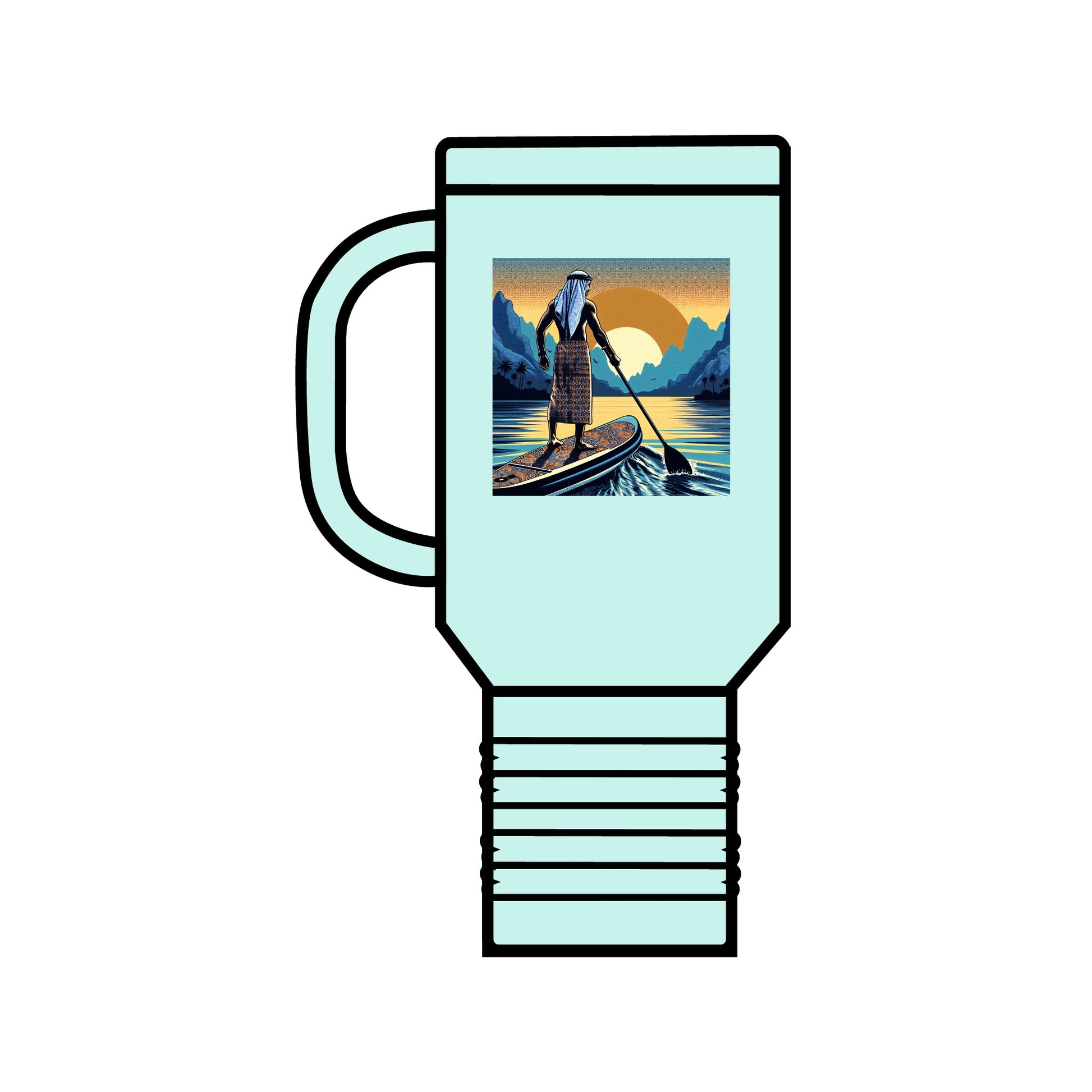 Fantasy Paddleboarding 40oz Insulated Travel Mug in refreshing aqua, featuring an exquisite graphic of a serene paddler at sunset, combining style and functionality for outdoor lovers.