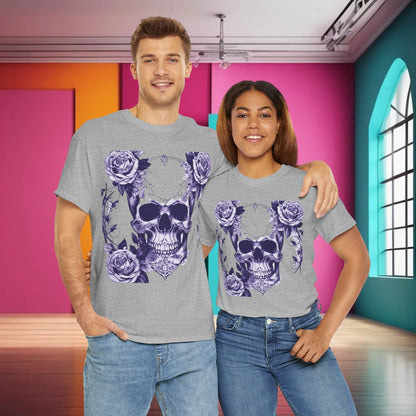 Couple wearing the Skulls and Roses Cotton Tee, highlighting the striking skull and rose design, perfect for stylish everyday wear.