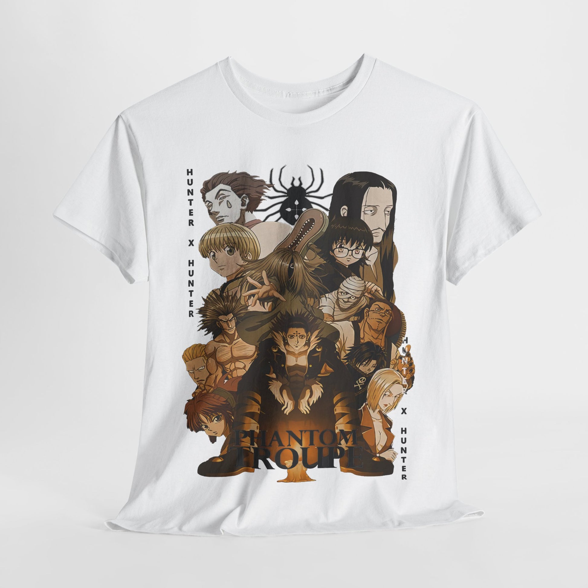 Artistic presentation of a white Phantom Troupe graphic t-shirt displaying beloved Hunter x Hunter characters, embodying fan passion and luxury style.