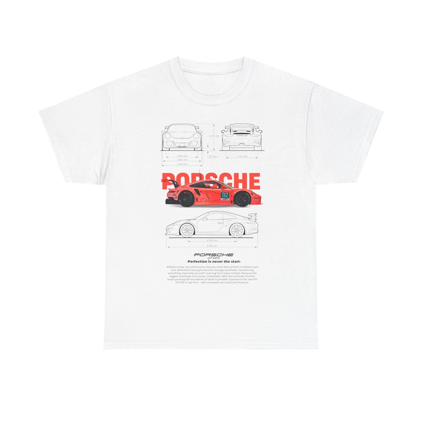 Luxury men’s t-shirt featuring a vibrant coral-pink Porsche GT3RS graphic with detailed technical illustrations on a white background, highlighting speed and precision for automotive enthusiasts.