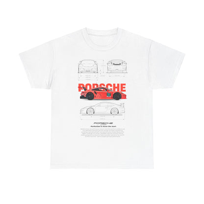 Luxury men’s t-shirt featuring a vibrant coral-pink Porsche GT3RS graphic with detailed technical illustrations on a white background, highlighting speed and precision for automotive enthusiasts.