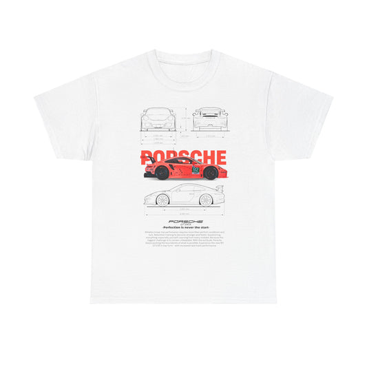 Luxury men’s t-shirt featuring a vibrant coral-pink Porsche GT3RS graphic with detailed technical illustrations on a white background, highlighting speed and precision for automotive enthusiasts.