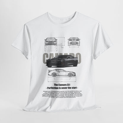 Luxury T-Shirt - Chevy Camaro ZL1 Graphic Tee for Men, featuring a sophisticated design showcasing technical drawings of the iconic Camaro ZL1, with bold typography stating 'Perfection is never the start.' Perfect for car enthusiasts who appreciate performance and artistry.