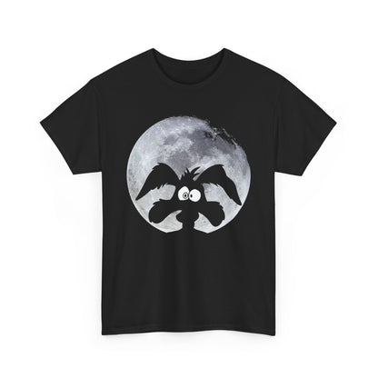 Elegant graphic tee in black showcasing a whimsical depiction of Wile E. Coyote against a beautifully detailed moon.