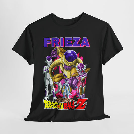 Elegant black Frieza Force T-shirt featuring a vibrant graphic of Frieza and his allies from Dragon Ball Z, prominently displaying the bold text 'FRIEZA' at the top, perfect for anime fashion enthusiasts.