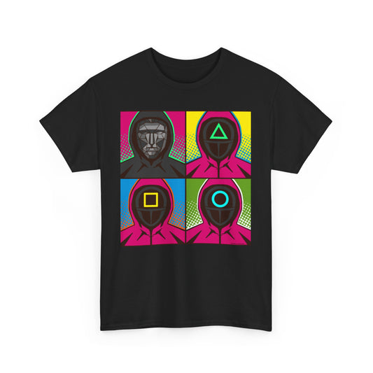 Squid Game Pop Art Unisex Graphic Cotton Tee depicting a comic-style grid of masked guards in vivid colours, perfect for fans of the iconic series.