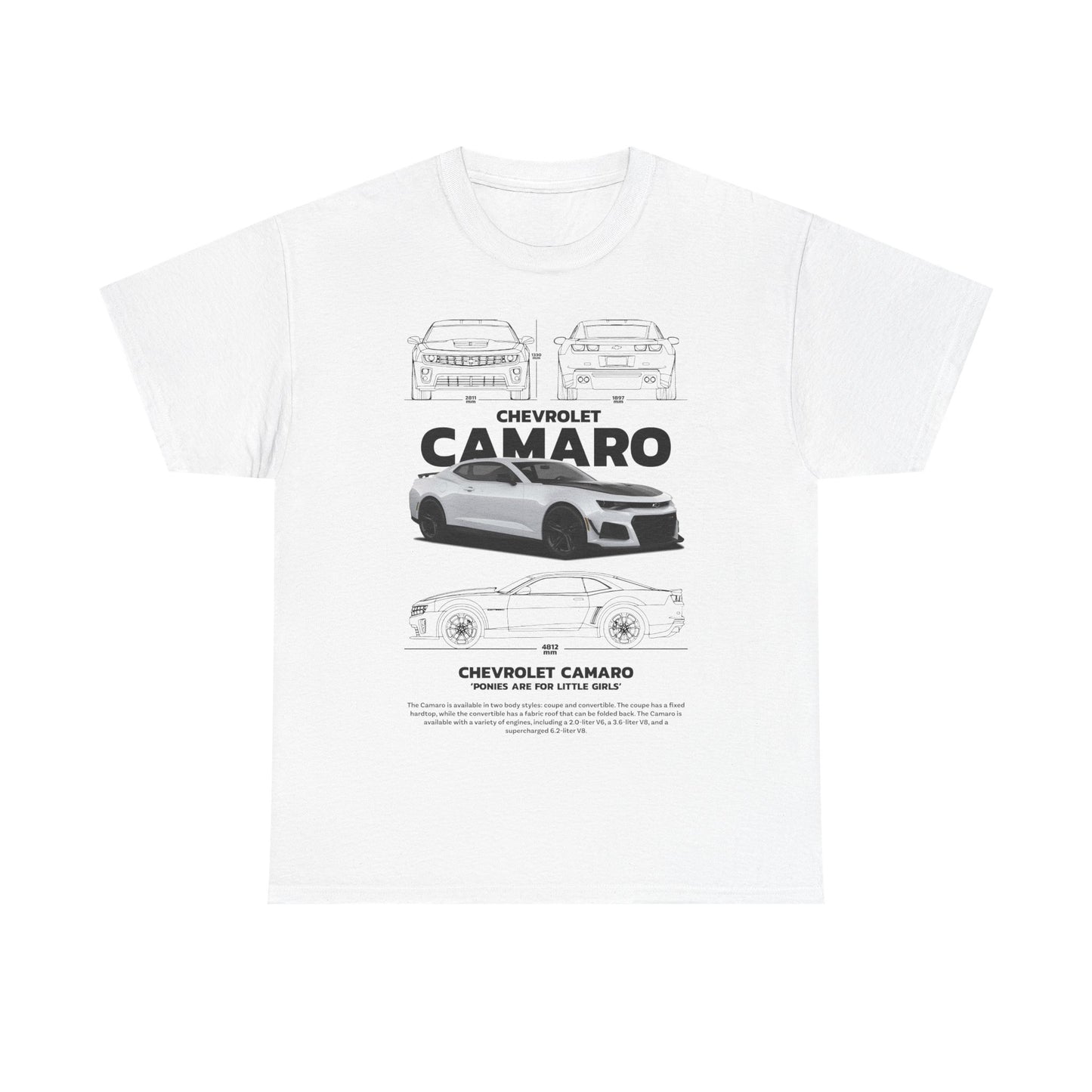Men's luxury Chevrolet Camaro technical drawing t-shirt in white with intricate design and bold typography, showcasing a stylish automotive theme.