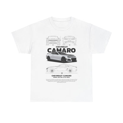 Men's luxury Chevrolet Camaro technical drawing t-shirt in white with intricate design and bold typography, showcasing a stylish automotive theme.