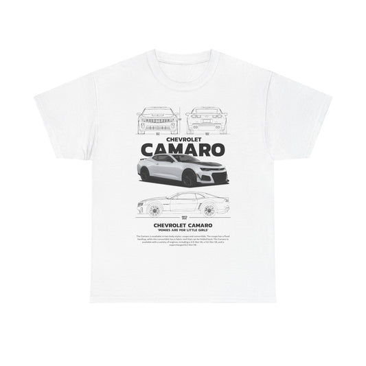Men's luxury Chevrolet Camaro technical drawing t-shirt in white with intricate design and bold typography, showcasing a stylish automotive theme.