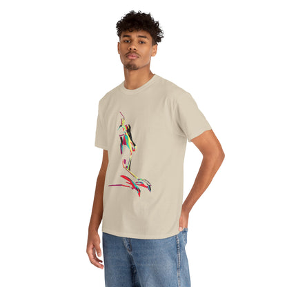 Elegant male model wearing a beige graphic t-shirt adorned with a colourful pop art depiction of a female silhouette, perfect for a contemporary look.