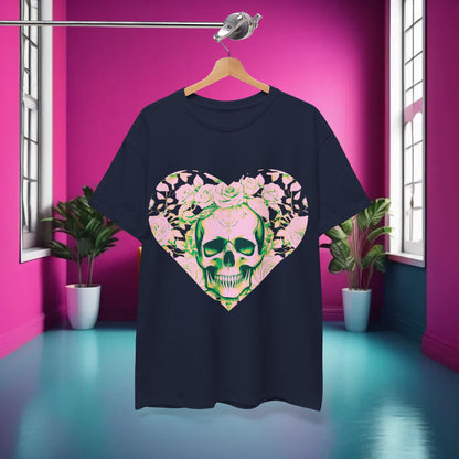 Skulls and Roses Cotton Tee elegantly displayed on a hanger against a pink backdrop, highlighting its unique graphic and unisex style.