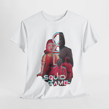Elegant unisex graphic tee featuring iconic characters from Squid Game, showcasing a stylish and bold digital design on a pristine white cotton fabric.