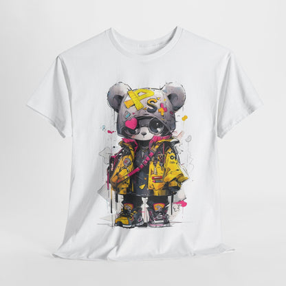 Luxury men's graphic tee featuring an artistic panda bear dressed in a vibrant urban ensemble, showcasing a stylish bomber jacket, colourful glasses, and trendy sneakers against a stylised white background.