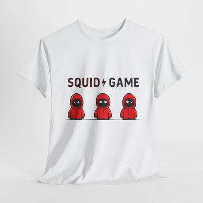Squid Game Unisex Men´s Women´s Graphic Cotton Funny T Shirt Tee on a flat surface, featuring a captivating print of red hooded figures and the bold title in elegant typography.