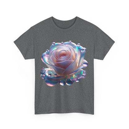 Front view of The Ethereal Rose Tee Unisex Cotton Graphic T-Shirt in dark grey with an exquisite rose print featuring shimmering water droplets.