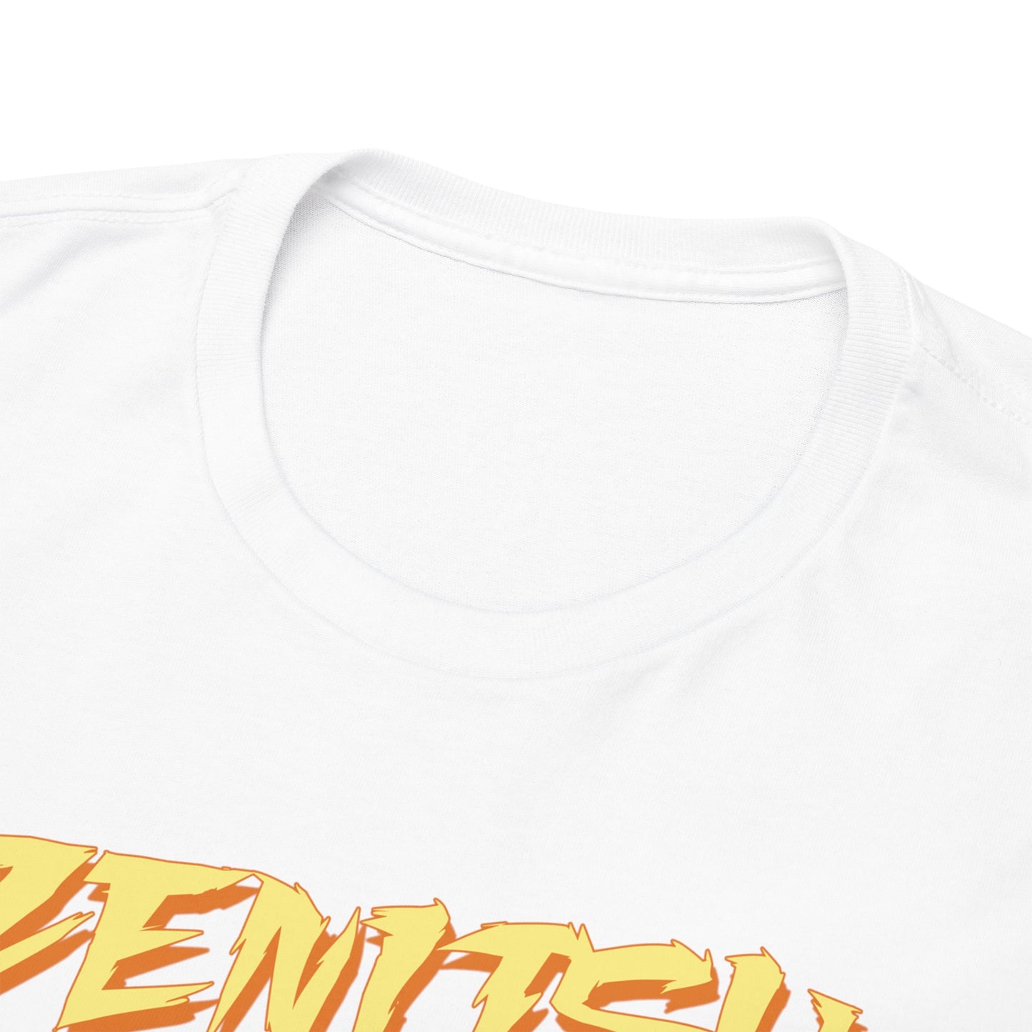 Close-up view of the Zenitsu Agatsuma t-shirt neckline, showcasing luxurious fabric and striking graphical elements, a must-have for discerning anime lovers.