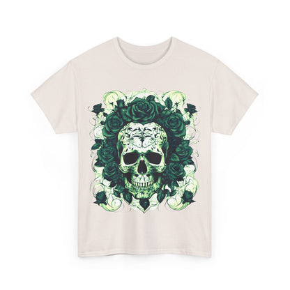 Front view of Skulls and Roses Cotton Tee featuring an intricate skull design surrounded by elegant roses, ideal for alternative fashion enthusiasts.