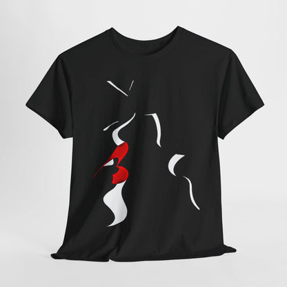 Elegant black unisex graphic T-shirt featuring an abstract design with red lips and white flowing shapes, perfect for a stylish casual look.