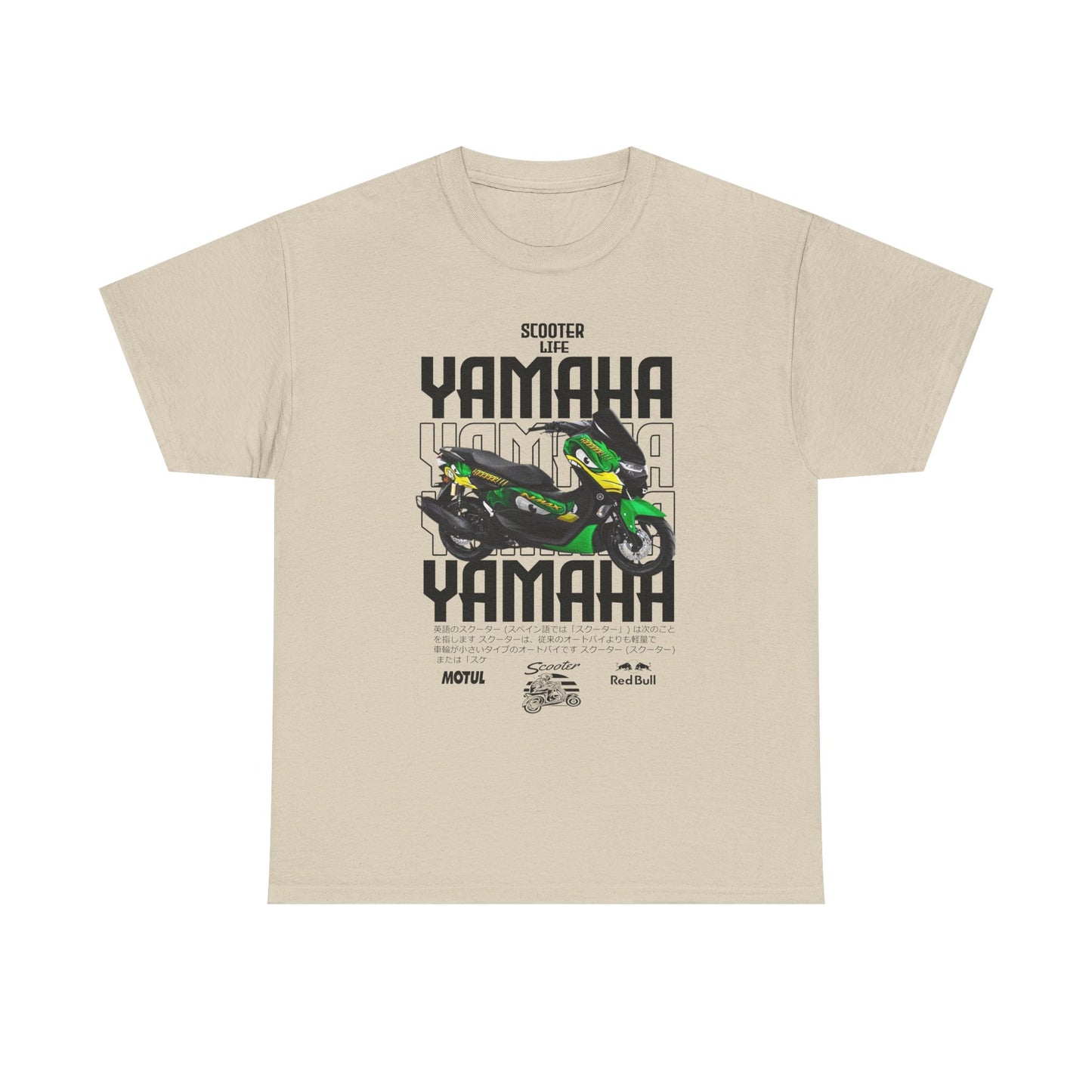 Stylish men's beige t-shirt displaying a bold graphic of a green Yamaha scooter, enriched with Japanese characters and branded logos, representing the spirit of 'Scooter Life'.