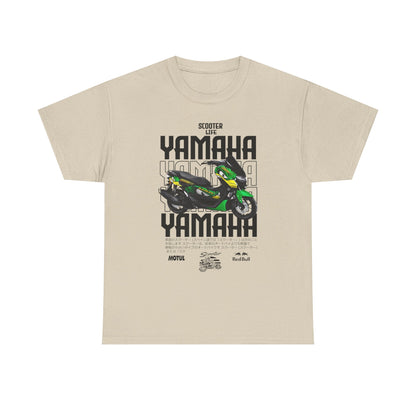 Chic beige men's t-shirt adorned with a dynamic Yamaha scooter graphic, featuring 'Scooter Life' text and sophisticated Japanese elements, tailored for the discerning scooter aficionado.