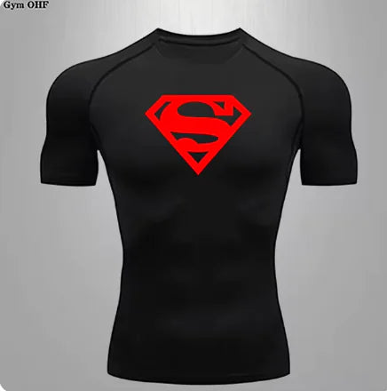 Refined men's compression t-shirt in sleek black with a striking red Superman logo, created for exceptional fit and functionality in any sporting activity.