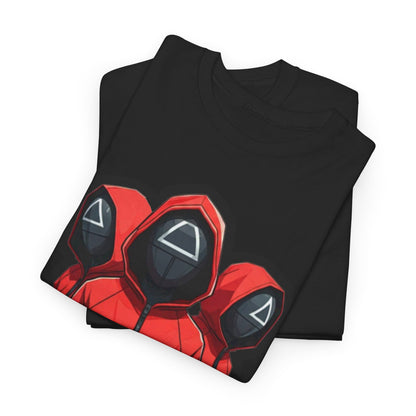 Squid Game Unisex Men's Women's Graphic Cotton Funny T-Shirt design displayed in a minimalist setup, featuring bold graphics of hooded figures for a unique fashion statement.