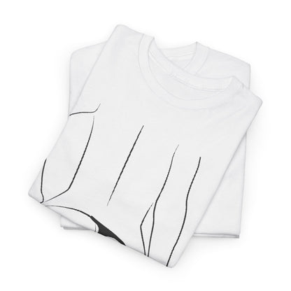 Luxury unisex graphic T-shirt featuring an artistic black line drawing of a woman's silhouette, showcasing playful elegance in a stylish white cotton fabric.