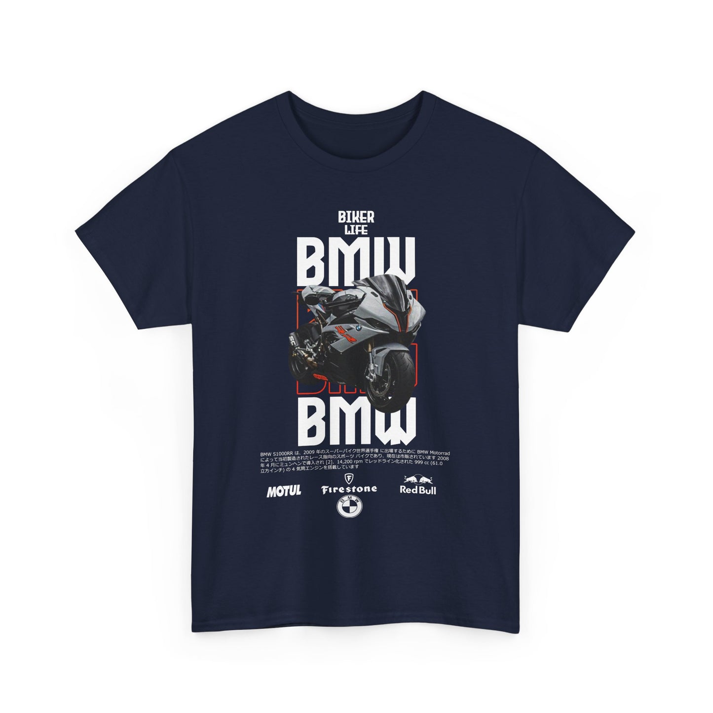 Stylish navy men's t-shirt featuring a prominent BMW motorcycle graphic and bold typography that encapsulates 'Biker Life', adorned with distinguished brand logos.