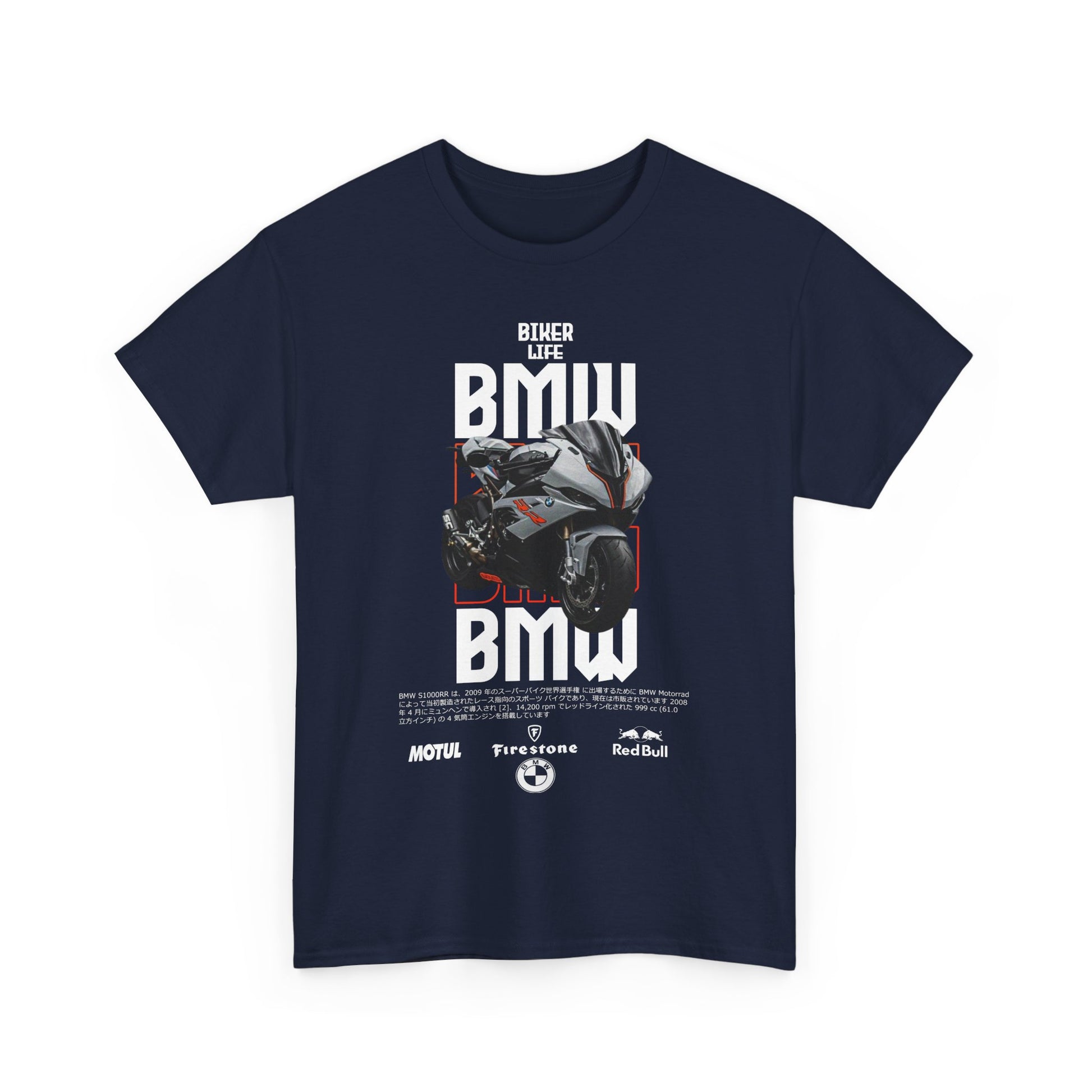 Stylish navy men's t-shirt featuring a prominent BMW motorcycle graphic and bold typography that encapsulates 'Biker Life', adorned with distinguished brand logos.