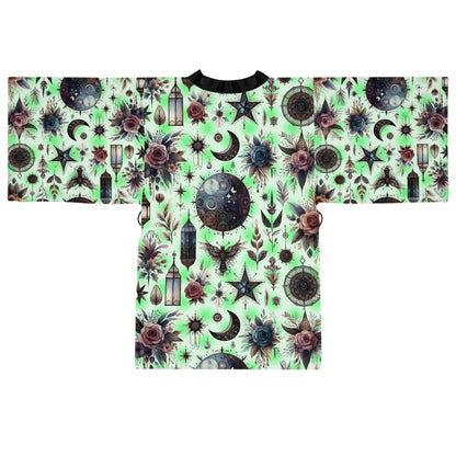 Floral Kimono Robe laid out flat, highlighting the intricate mint green floral patterns and sumptuous fabric, perfect for luxurious lounging.