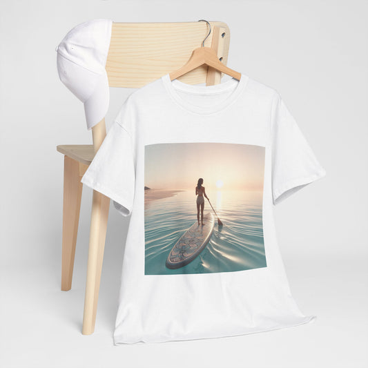Dazzling Dreams Paddle Board T-Shirt in white, showcasing a beautiful paddleboarding sunset design, perfect for nature fans and an expression of a luxurious lifestyle.