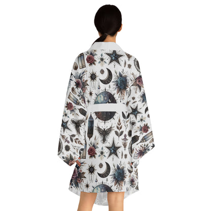 Elegant back view of a woman in the Floral Kimono Robe, emphasising its stylish bohemian design and luxurious fabric.