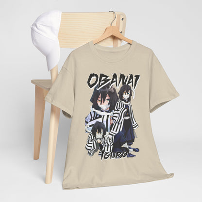 Stylish Obanai Iguro inspired T-shirt displayed on a wooden hanger with a white cap, showcasing vibrant anime graphics against a cream background.