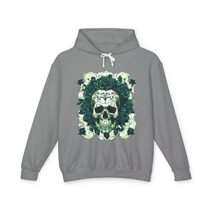 Unisex Lightweight Hooded Sweatshirt with a unique designer skull and roses motif, displayed flat against a clean backdrop, highlighting its luxurious fabric.