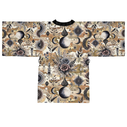 Elegant Floral Kimono Robe with a stunning all-over print of flowers and celestial motifs, designed for sophisticated lounging.