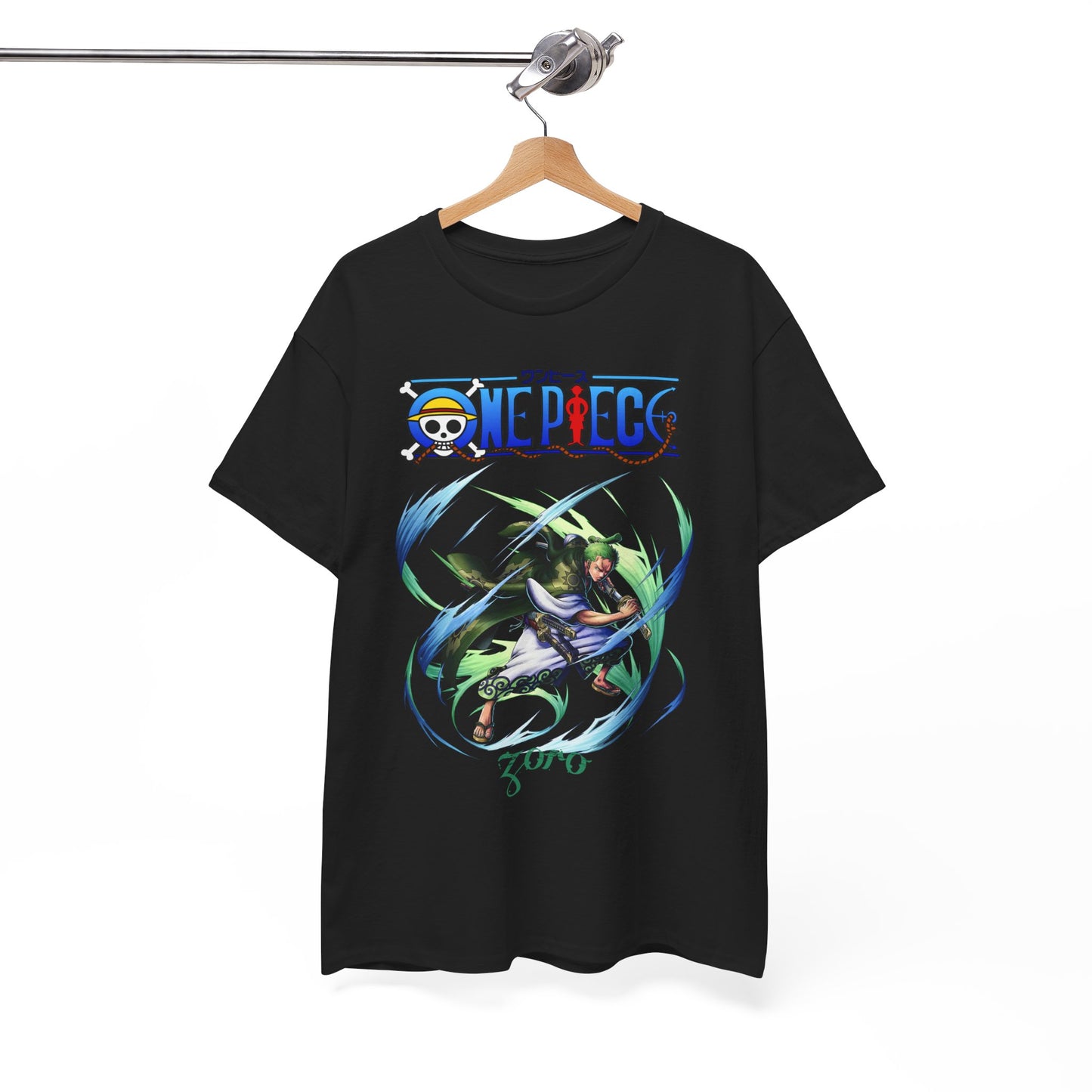 Stylish black t-shirt showcasing dynamic artwork of Zoro from One Piece, hung elegantly to display its unique design.